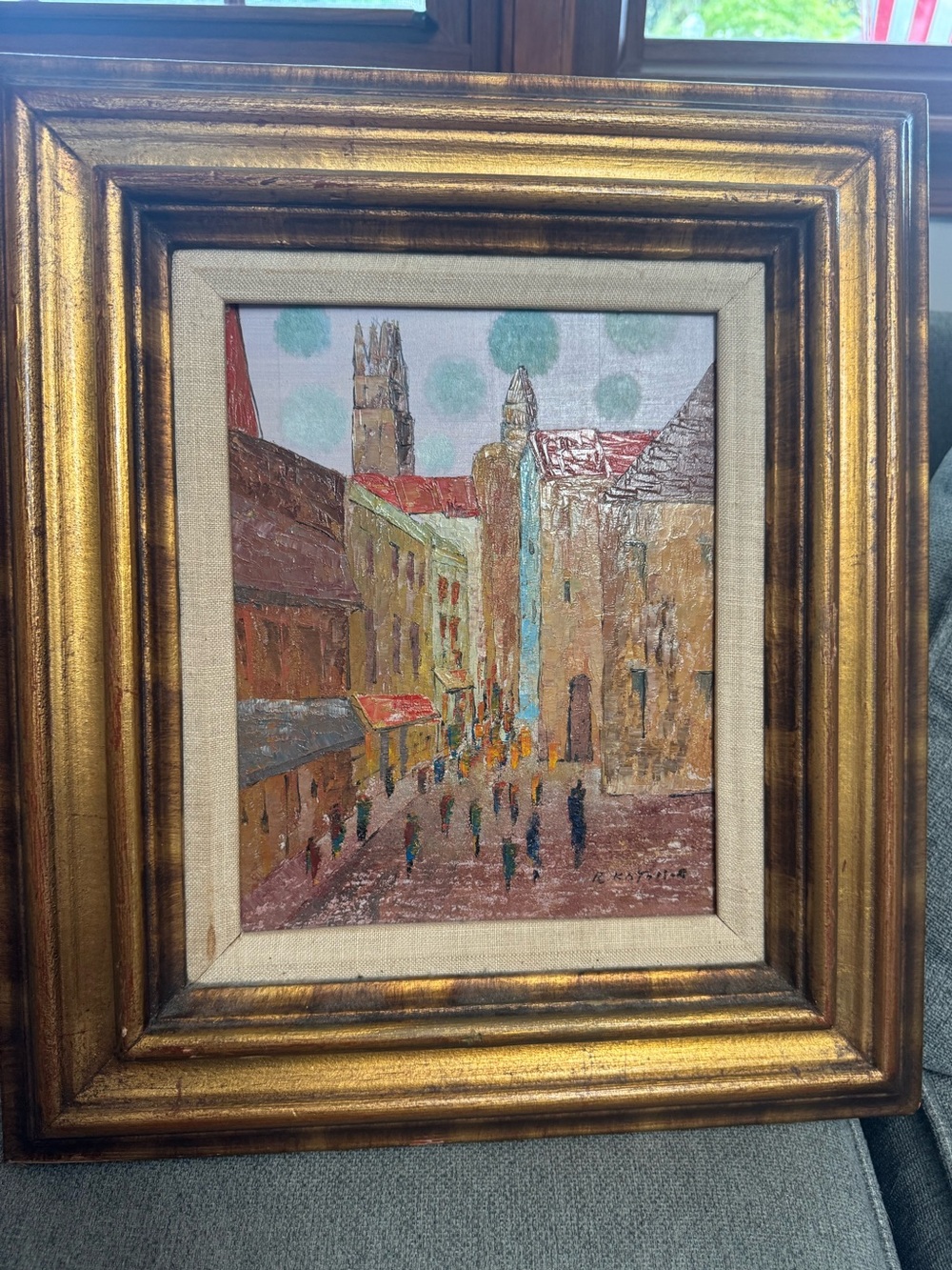Vintage Hand-Painted European Cityscape Wall Art in Gold Frame